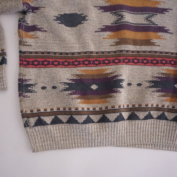 Vintage '90s London Fog Taupe Purple Aztec Cotton Crewneck Knit Sweater Large - Picture 5 of 10